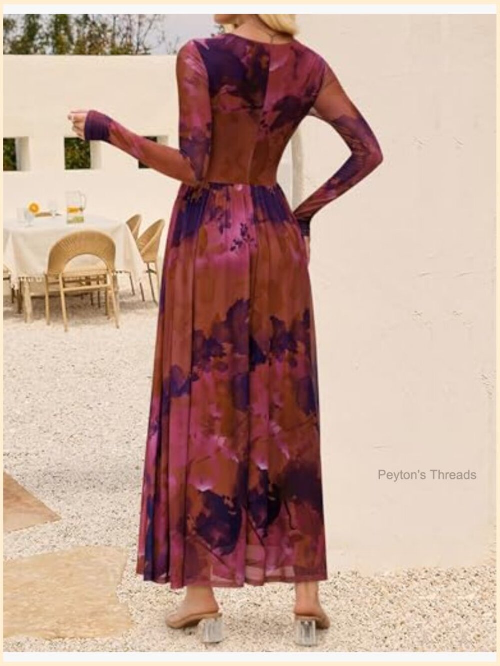 Long Sleeve Floral Print Mesh Ruched Maxi Dress Party Guest - Picture 5 of 7